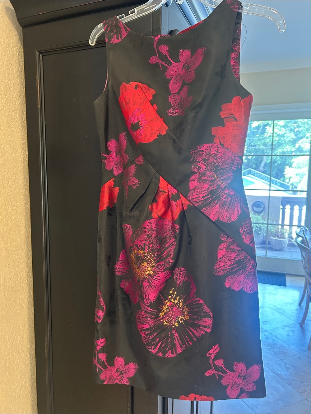 Tahari Black Sleeveless Dress with Red & Fuchsia Floral Print